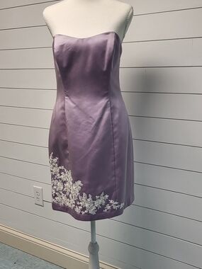 Strapless Lavender Satin Cocktail Dress with White Floral Appliqué